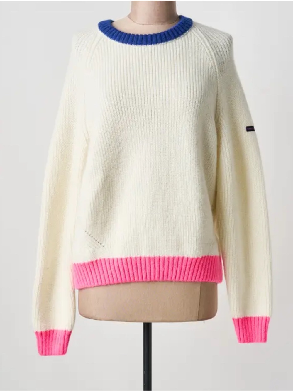 Saint James Cream Sweater with Blue Neckline & Pink Trim